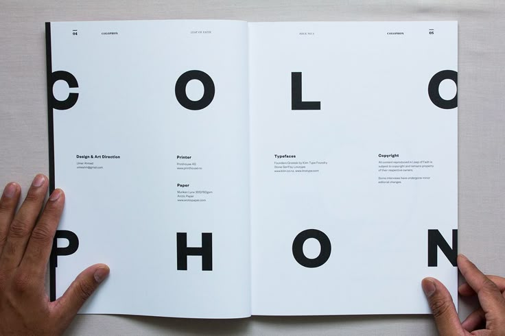 Minimalist colophon page with bold 'COLOPHON' text and publication details.